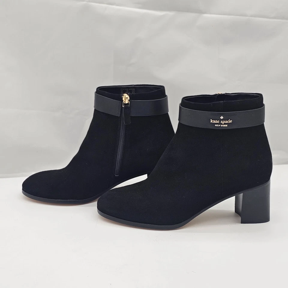 Kate Spade Tobillo MORGAN Perla 10 B Negro Gamuza Cuero Logo Cremallera Lateral Foto 4 de 4