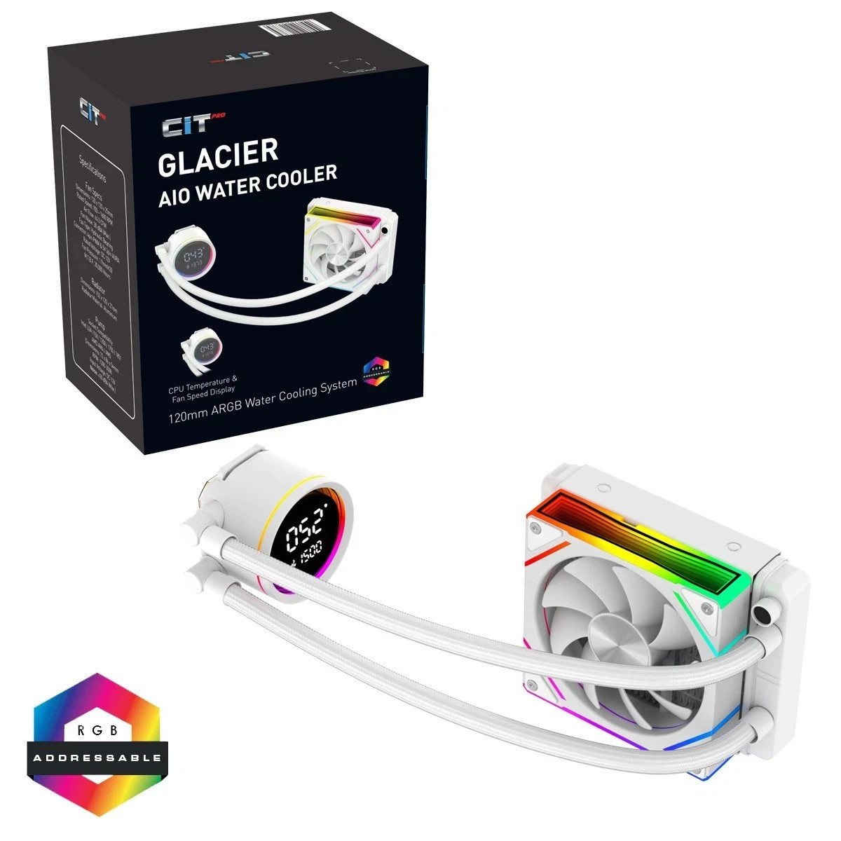 CiT Pro Glacier 120mm Intel AMD AIO Cooler White ARGB Fans Temperature Display