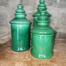 JARU Pottery speckled green MCM set of 3 lidded urns cannisters California