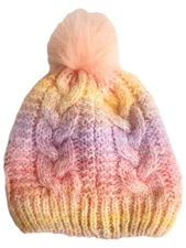 Girls Peach Yellow Pink Knit Soft Fluffy Pom Beanie Fleece Lined Stocking Cap