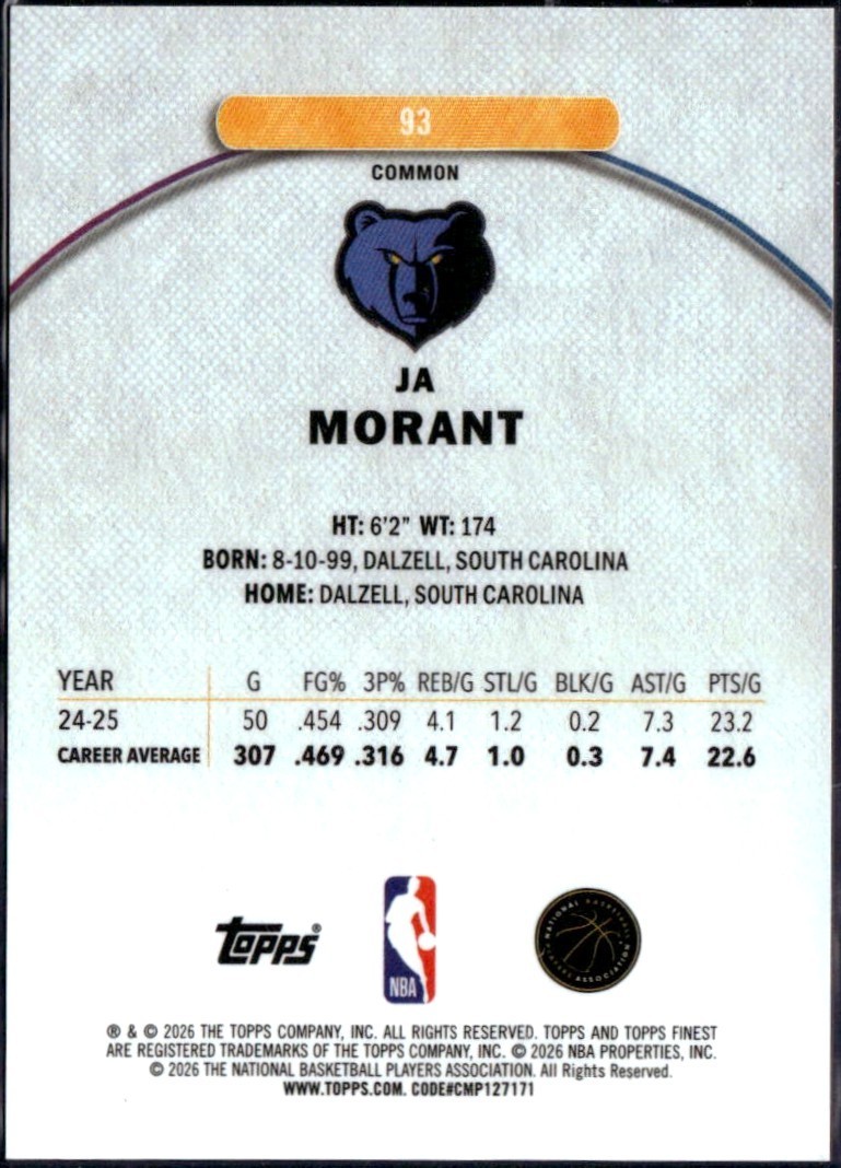JA MORANT 2025-26 TOPPS FINEST PURPLE XFRACTOR JERSEY # SP 12/150