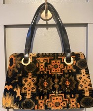 Vintage Carpet Bag Tapestry/Felt Purse Handbag Black Jewel Tones Geometric 8X13