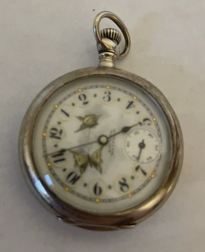 Antique Waltham Sterling silver 6 Size Pocket Watch Fancy Dial w/Butterflies  G9