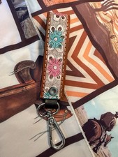 Floral Leather Keychain Wristlet Strap w/ Metal Clip Snap Hook Key Ring