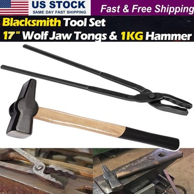 17'' Wolf Jaw Tong+1KG Hammer Blacksmith Knife Making Metal Forge Vise Tool 2PCS