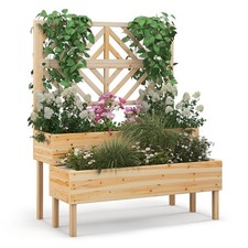 Wood 2-Tier Raised Garden Bed w/Trellis Elevated Planter Box Containe-Natural