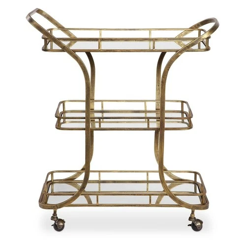 UTTERMOST 24876 STASSI ANTIQUED GOLD HAND FORGED IRON BAR CART WITH CASTERS - Picture 7 of 7