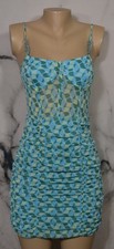 ZARA Blue Green Cream Patterned Strappy Dress Small Ruched Lined Skirt Lined Cup