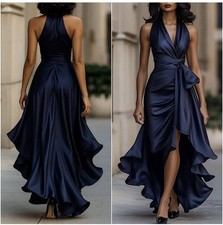 ELEGANT Satin Ruffle Gown In Dark Navy Blue