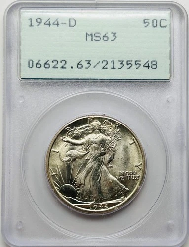 1944 D Walking Liberty Silver Half Dollar PCGS MS63 OGH Gen 1.2 Rattler
