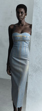 Mango Metallic Denim Strapless Bodycon Corset Midi Dress Gold Blue Women's US 6