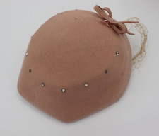 Light Pink Vintage Hat with Veil, Rhinestones, Bows and Feather -100 Wool