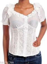 Ivory Floral Edge Lace Overlay Button Front Ruffled Top