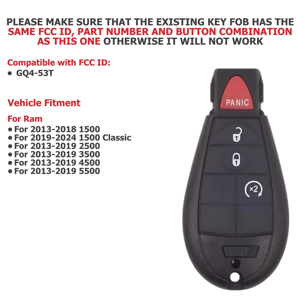 2 Para Ram 1500 2500 3500 4500 5500 Llavero Repuesto Mando a Distancia Arranque Motor Nuevo Foto 2 de 4