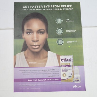 Alcon Ad Print Ad Venus Williams Systane Alcon 2019 color 8x11 | eBay