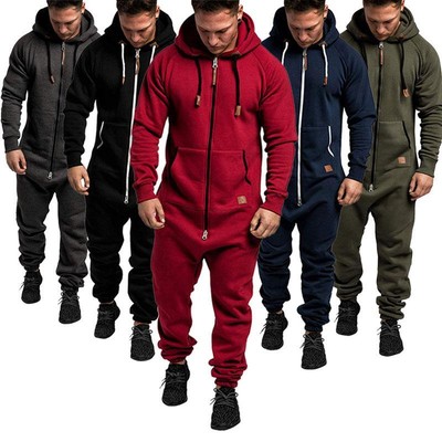 Men's Hooded Jumpsuit Zip Up Pajamas Playsuit Jogger Sweatsuit Overall Romper  