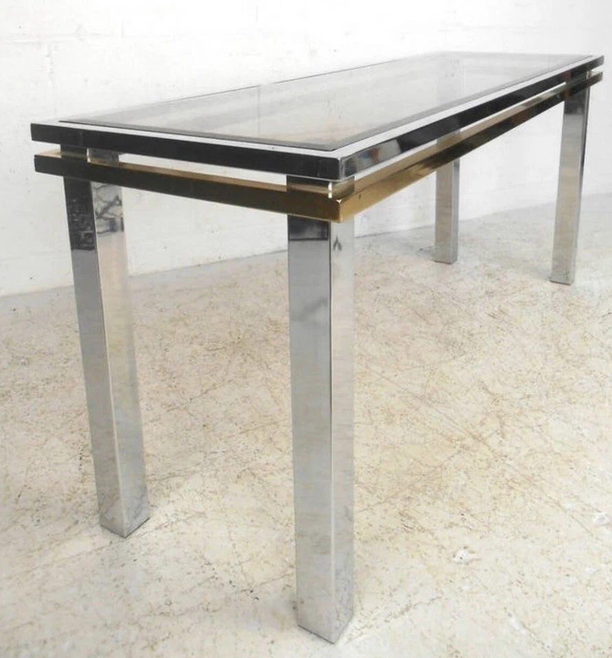 Mesa consola Milo Baughman años 70 cromada y latón y vidrio ~ Paul Evans Foto 3 de 4