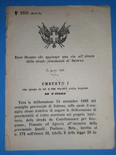 Decree Kingdom of Italy - Adds a street to the list of streets of Salerno 1885