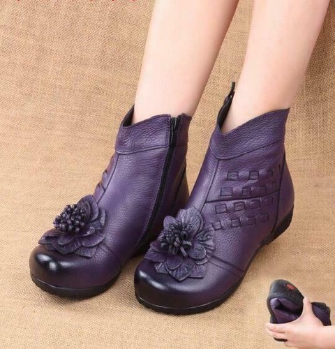 Mujer Botas al Tobillo Zapatos Informales de Cuero Retro Suela Suave Zapato  Floral Forrado de terciopelo | eBay