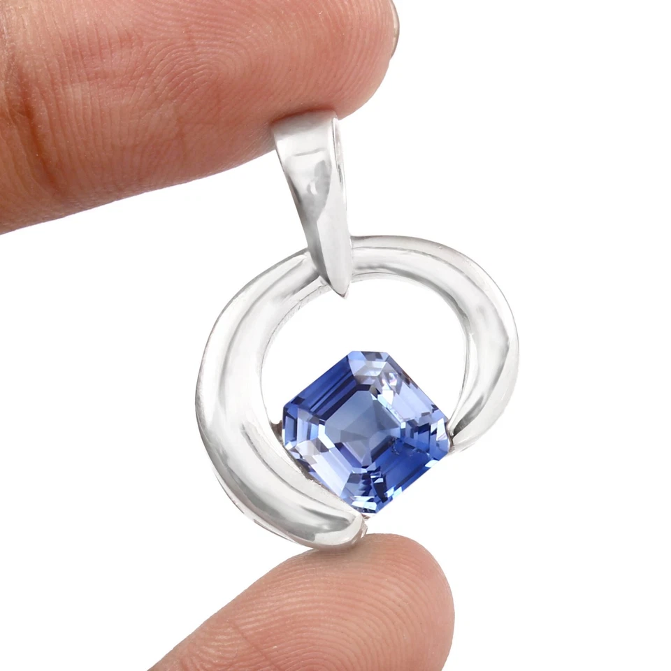 Adorabile Ceylon Pastello Zaffiro Blu Taglio Asscher 925 Ciondolo Argento Gemma - Immagine 4 di 4
