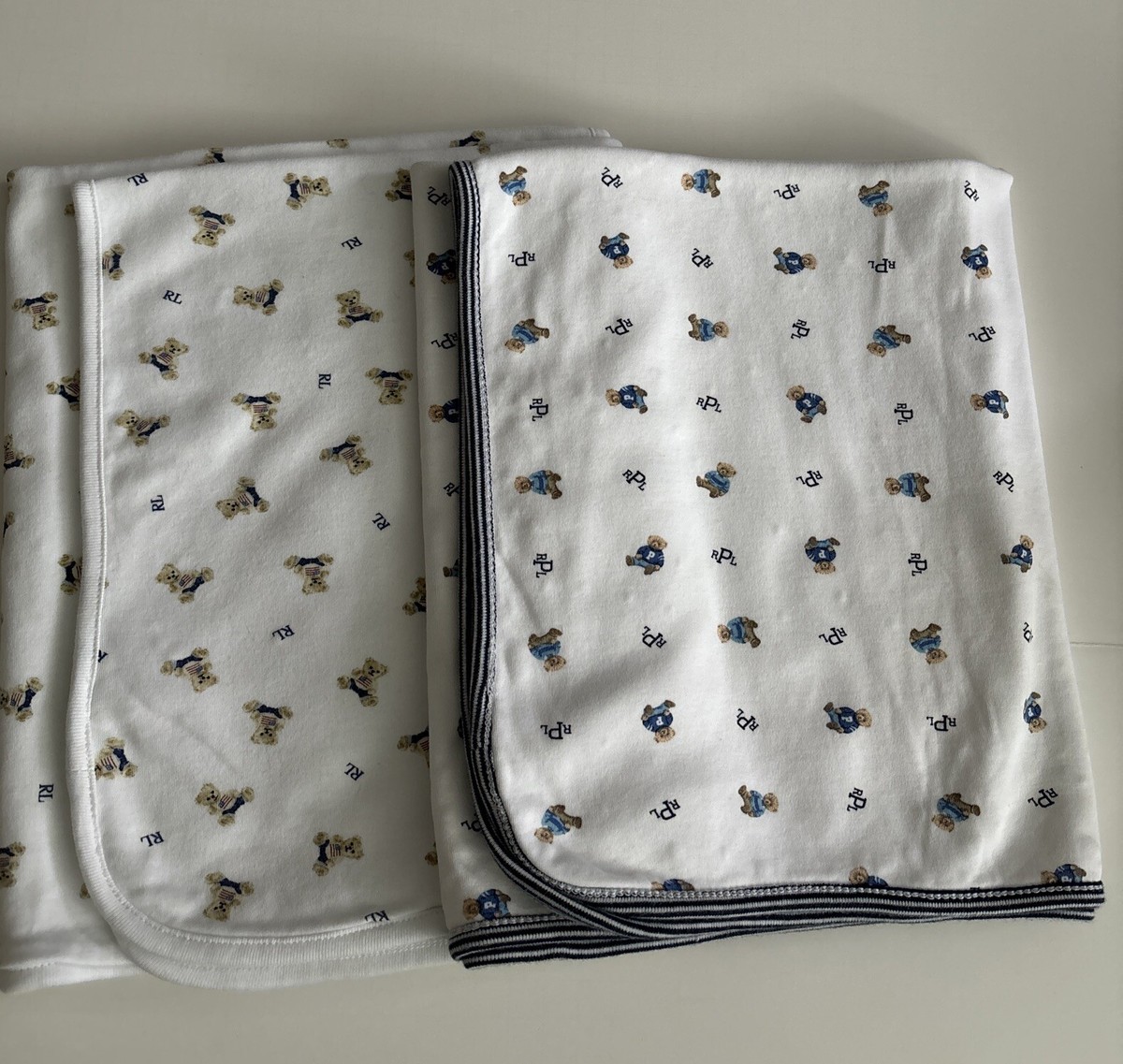 Polo Ralph Lauren Bear Soft Cotton Baby Receiving Blanket Pair White Blue  Trim | eBay