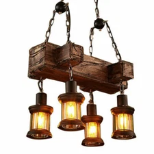 LED Chandelier Pendant Lighting Fixture Wooden Ceiling Light Hanging Lamp Rustic