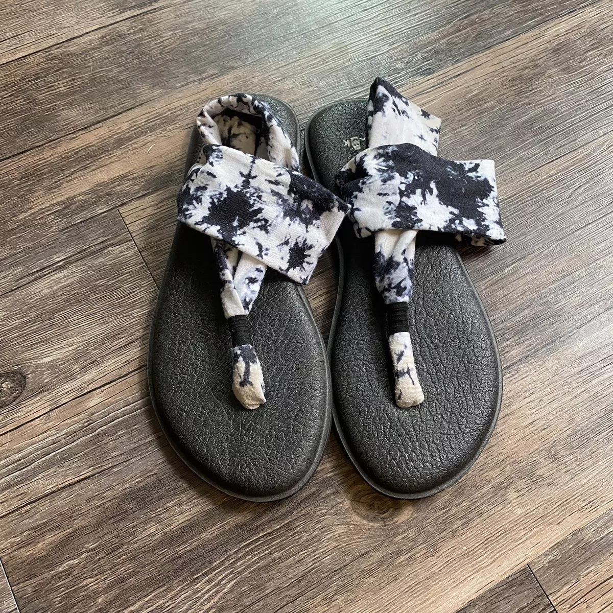 Sanuk Yoga Sling 2 Prints Black Tie Dye Canvas Flip Flops Sandals Women’s  Size 8