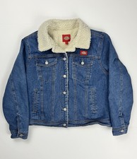 Dickies Denim Jean Fur Lined Jacket Patch Buttons Large Blue Fuzzy Warm Euc Girl