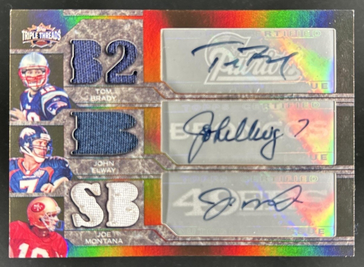 2008 Triple Threads Tom Brady John Elway Joe Montana Jersey Auto Sepia #/5