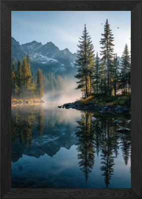 Gerahmtes Wandbild Poster Leinwanddruck Bild Sonnenaufgang Nebelwald See