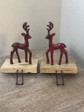 Reindeer Christmas Stocking Holders Set Of 2 Red Holiday Wood Base