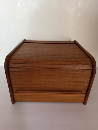 Teak Wood Roll Top Tambour Style Disc/Cassette Storage Box Holder VTG