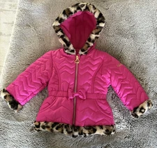 Pistachio 18 Months Girl's Red Puffer Coat with Faux Fur Animal Print Trim
