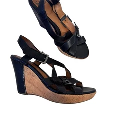 Sofft Black Leather Strappy Wedge Sandals Womens 8.5 Heels Classic