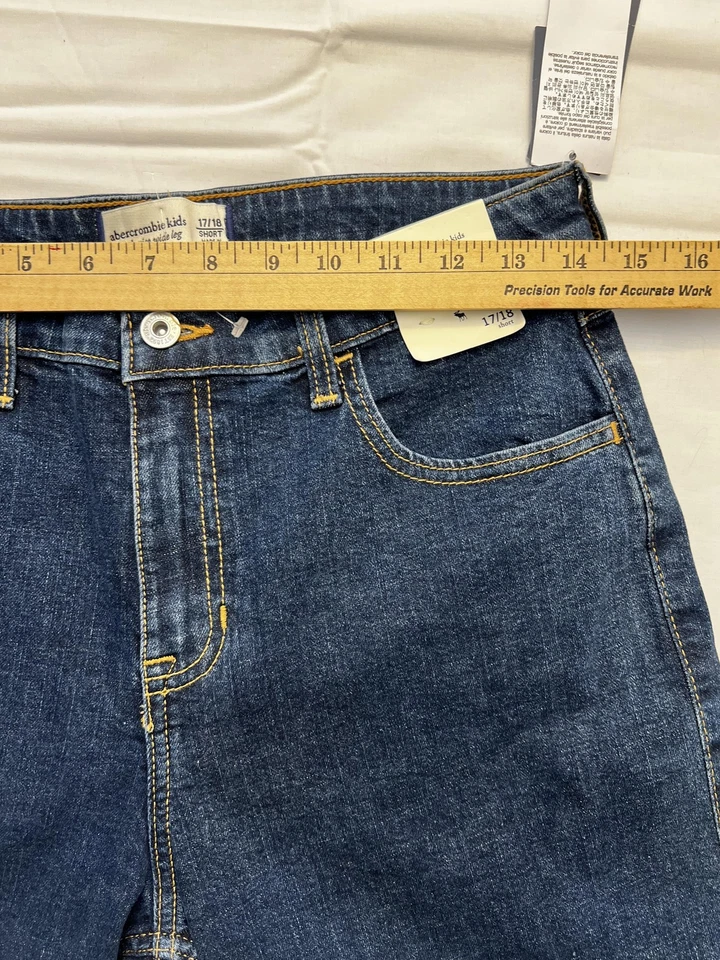 Jeans Abercrombie infantil juvenil 17/18 curto azul cintura alta perna larga jeans novo com etiquetas - Imagem 4 de 4