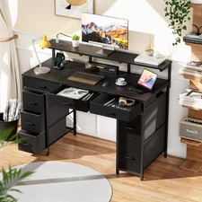 Computer Desk with 8 Fabric Drawers & Power Outlets, Gaming Desk with LED Lights