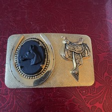 Black Horse Head And Saddle As Centerpiece In Western Gold Tone Belt Buckle