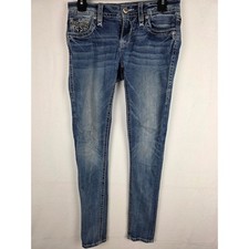 Rock Revival Alaina Skinny Jeans Blue Denim Thick Stitch Fleur De Lis Size 26