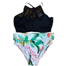 NWT Pour Moi Black Bikini Top  Tropical Print Swim Bottom 34G Medium Set