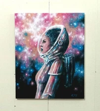 original scifi acrylic on canvas painting of space explorer astronaut 8x10 in