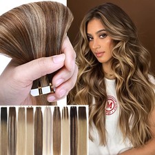 Tape in Real Remy Human Hair Extensions Skin Weft Balayage Ombre Full Head 150G