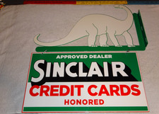 VINTAGE SINCLAIR DINOSAUR CREDIT CARD 20" METAL ENAMEL GASOLINE OIL FLANGE SIGN!