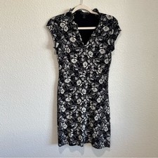 J. Crew Short Sleeve Keyhole Dress Floral Black White Ruffle Size XS Garden Boho