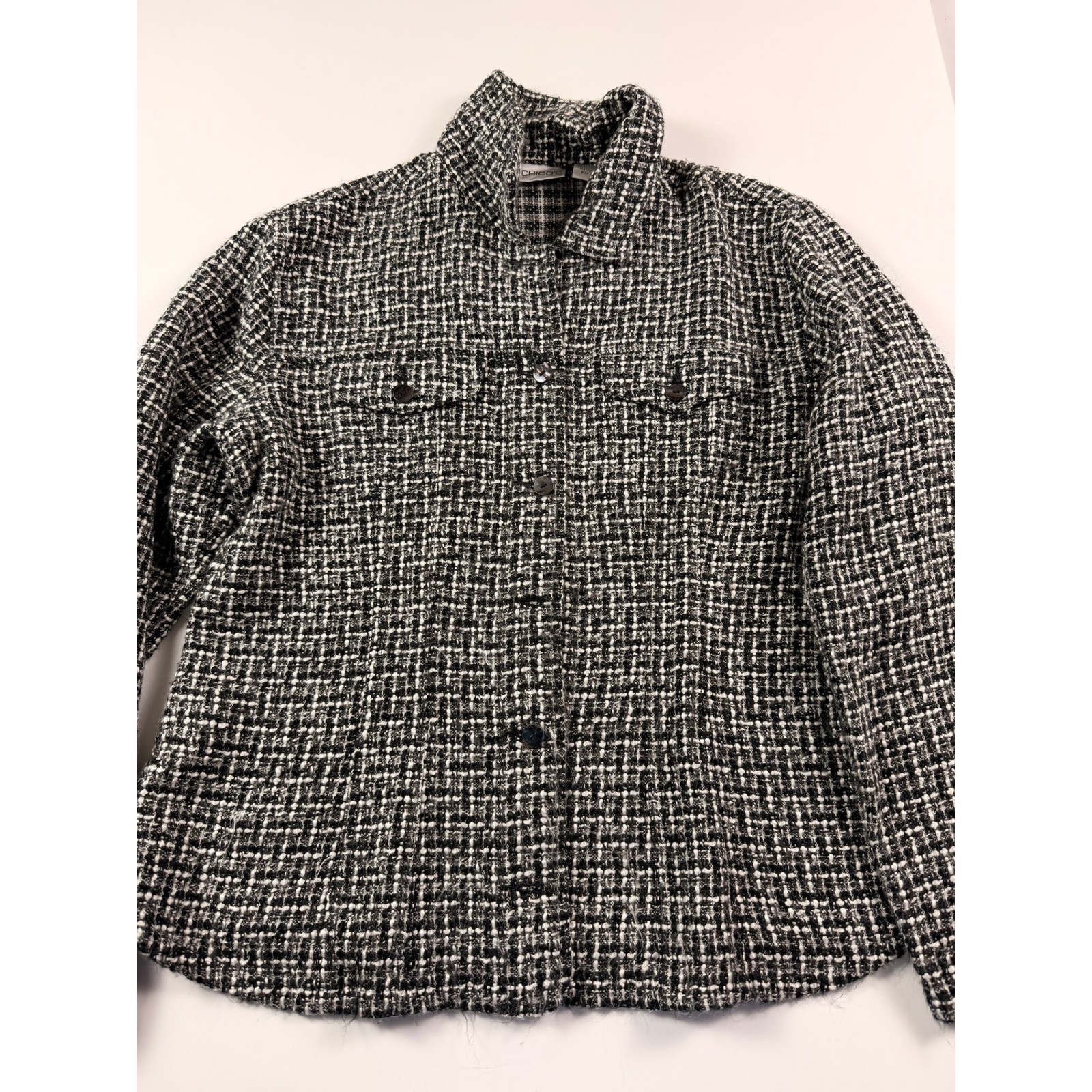 Chicos Tweed Button Front Jacket Black White Textured Size 2 Work Casual Womens