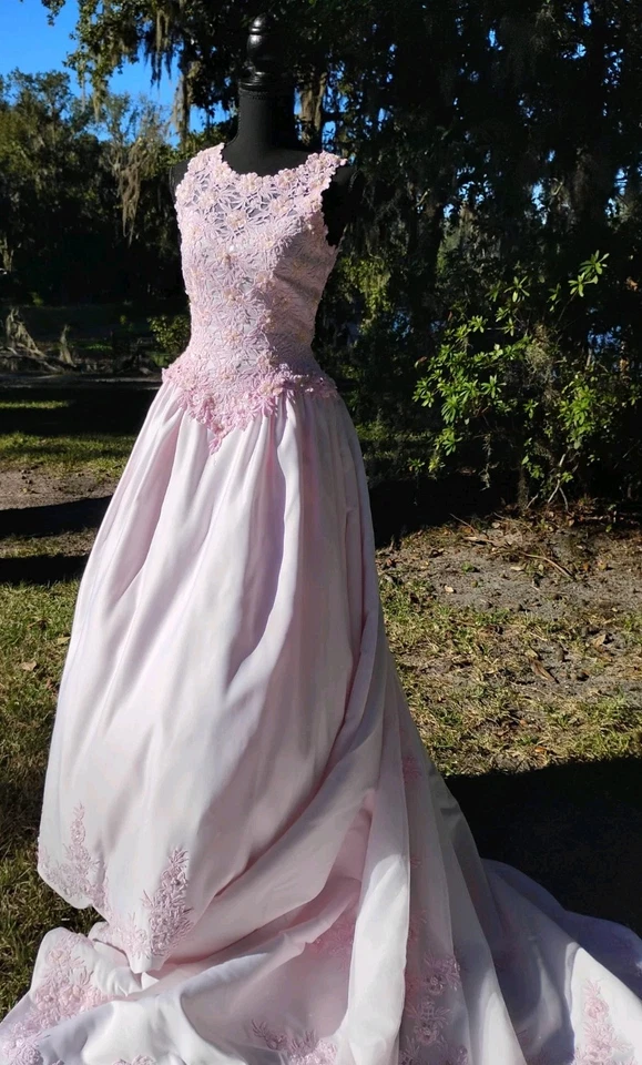 Vestido de novia rosa Oleg Cassini mangas encaje cuentas tul sobre tren de regazo Foto 2 de 4