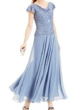 J KARA SZ 8 Blue Chiffon Beaded Cowl Popover Flutter Sleeve Formal Gown NEW 239