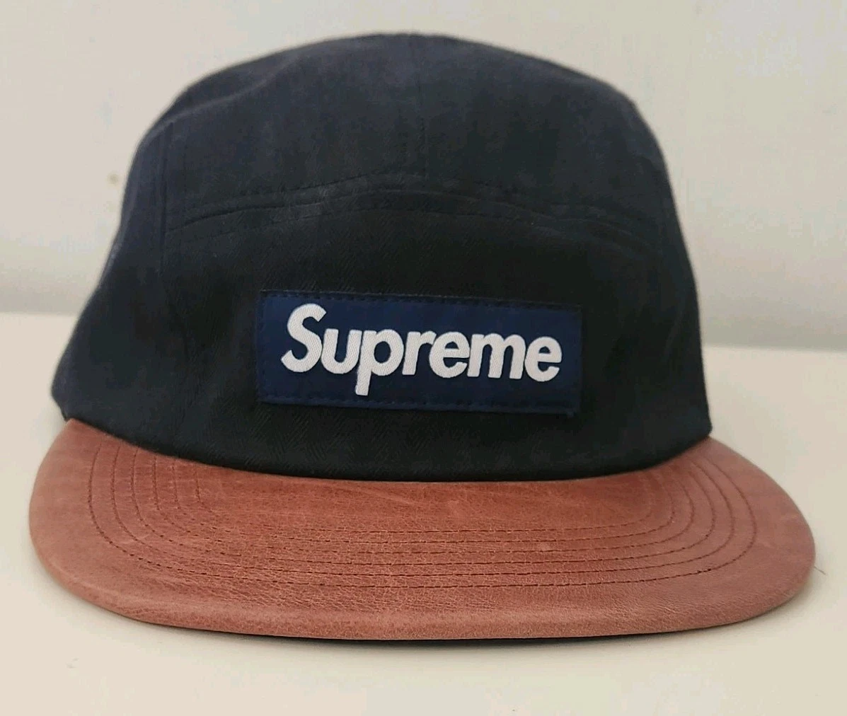 SS12 Supreme Herringbone Leather Camp Cap Navy hat vintage Very Rare 2012