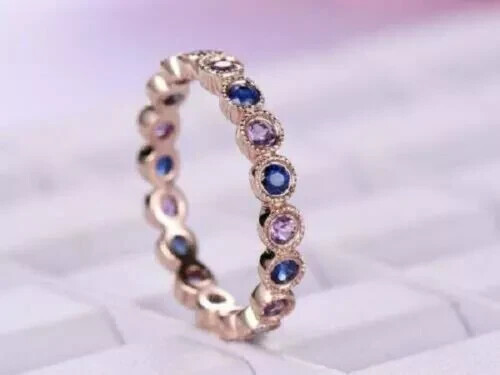 1.20Ct Lab-Created Blue Sapphire Eternity Wedding Band Ring 14K Rose Gold Plated - Picture 6 of 6