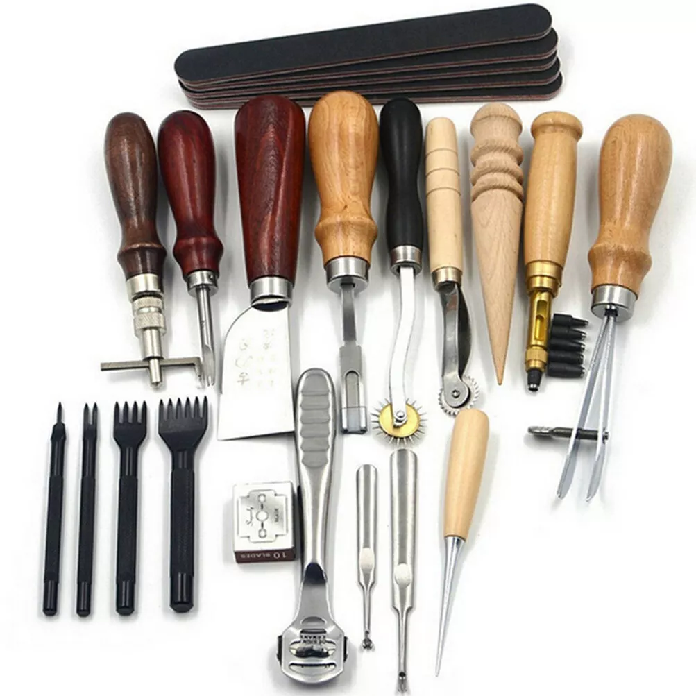 [Premium Quality] Leatherworking Tool Set - Complete Leather Carving  Stitching Grooving and Skiving Kit Made of Stainless Steel - Leathercraft  Tools