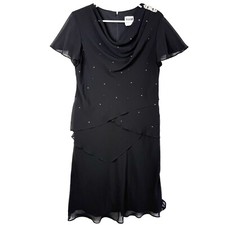 R M Richards Chiffon Tiered Beaded Sheer Cowl Neck Dress Womens 16 Black